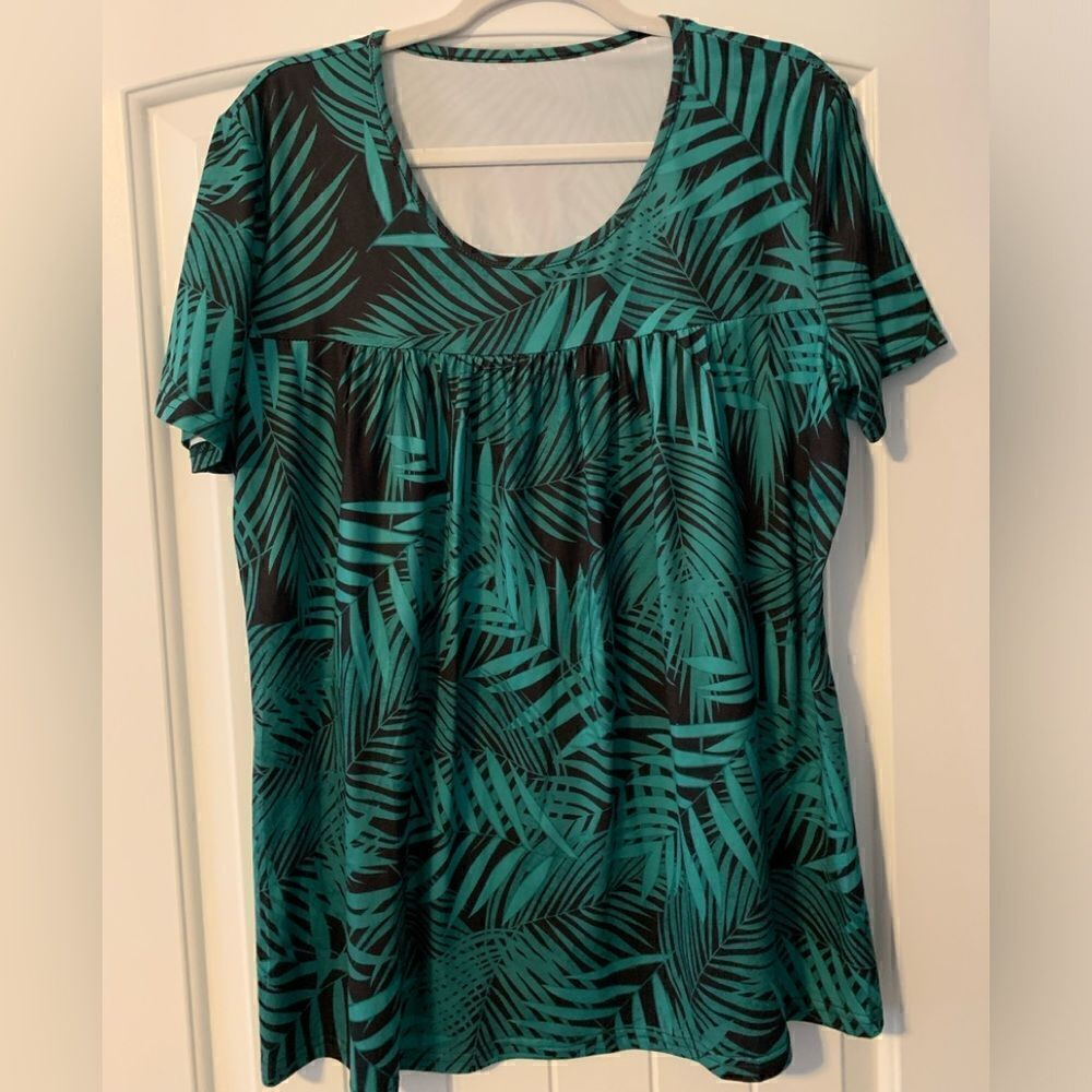 Palm Leaf Women’s Top Size Large Stretch Tropical